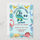 Blue Happy Little Dinosaurs One Boy 1st Birthday Kaart (Voorkant)