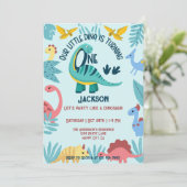 Blue Happy Little Dinosaurs One Boy 1st Birthday Kaart (Staand voorkant)