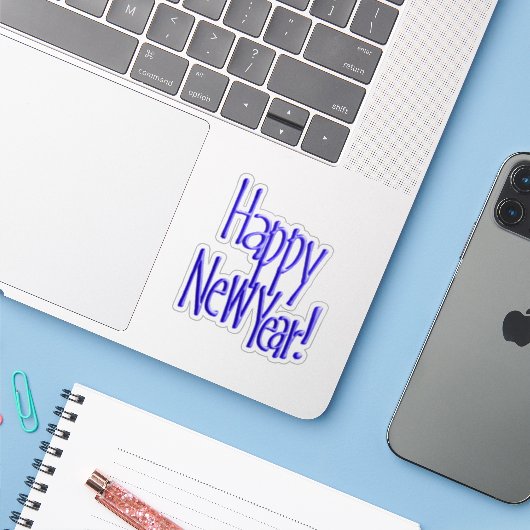 Blue Happy New Year Sticker (Laptop met iPhone)