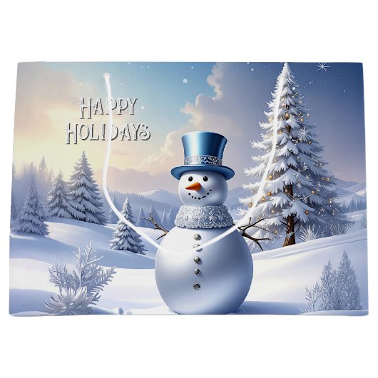 Blue Hat Snowman Christmas Tree Holiday Gift Bag Groot Cadeauzakje (Voorkant)