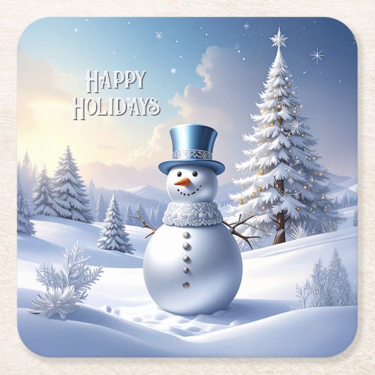 Blue Hat Snowman Christmas Tree Holiday Kartonnen Onderzetters (Voorkant)