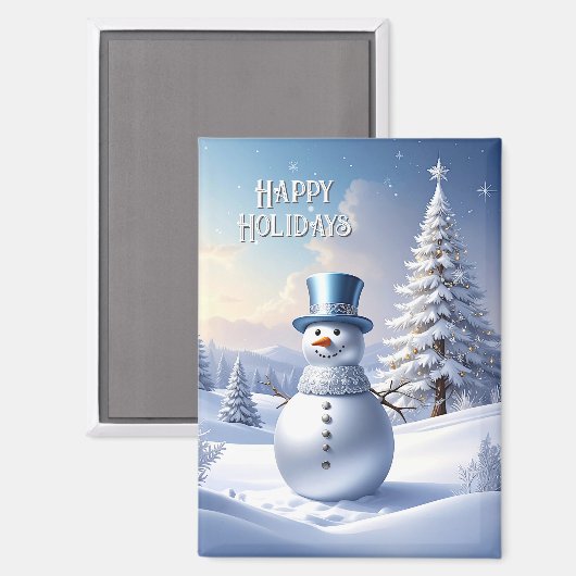 Blue Hat Snowman Christmas Tree Holiday Magnet (Voorkant / Achterkant)