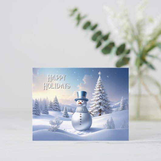 Blue Hat Snowman Christmas Tree Holiday Postcard Briefkaart (Staand voorkant)