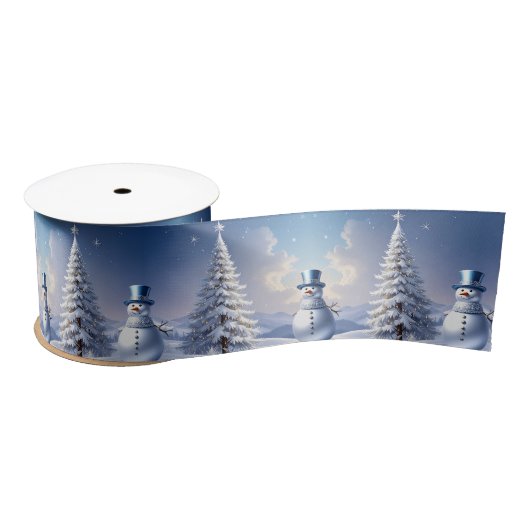 Blue Hat Snowman Christmas Tree Holiday Satin Satijnen Lint (Spoel)