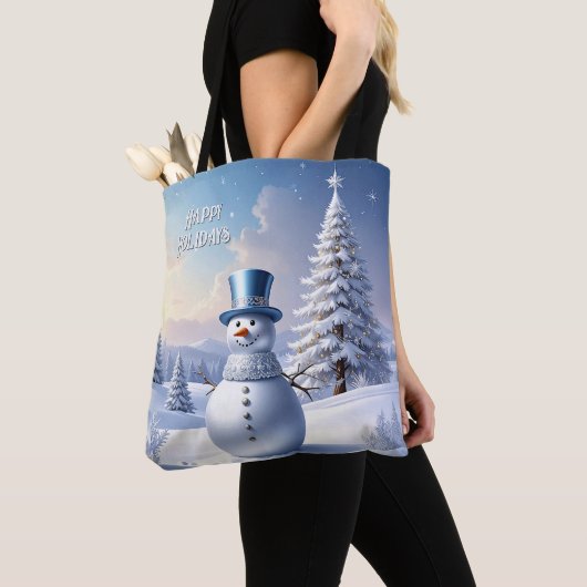 Blue Hat Snowman Christmas Tree Holiday Tote Bag (Dichtbij)
