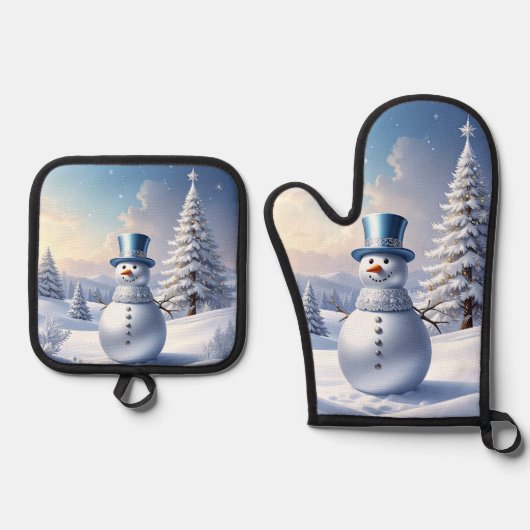 Blue Hat Snowman Christmas Tree Ovenwant & Pannenlap Set (Voorkant)