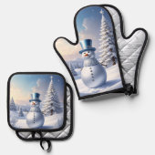 Blue Hat Snowman Christmas Tree Ovenwant & Pannenlap Set (Voorkant / Achterkant)