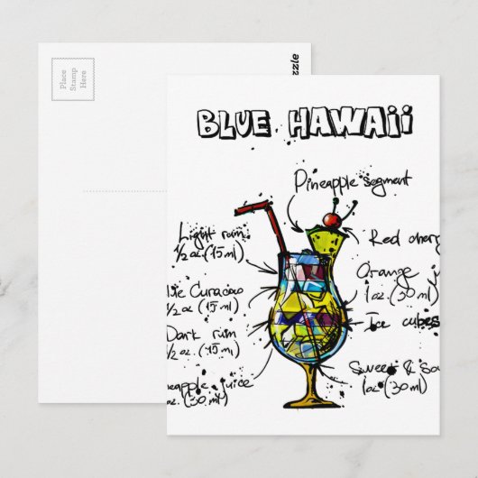 Blue Hawaii Cocktail Recipe Briefkaart (Voorkant / Achterkant)