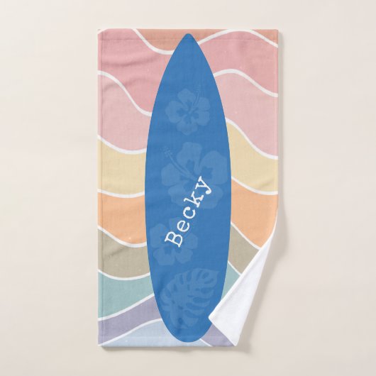 Blue Hawaii Surfboard on Pastel Waves Bad Handdoek (Handdoek)