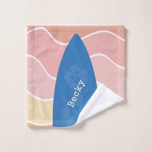 Blue Hawaii Surfboard on Pastel Waves Bad Handdoek (Wasdoekje)