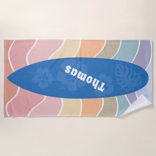 Blue Hawaii Surfboard on Pastel Waves Strandlaken (Voorkant)