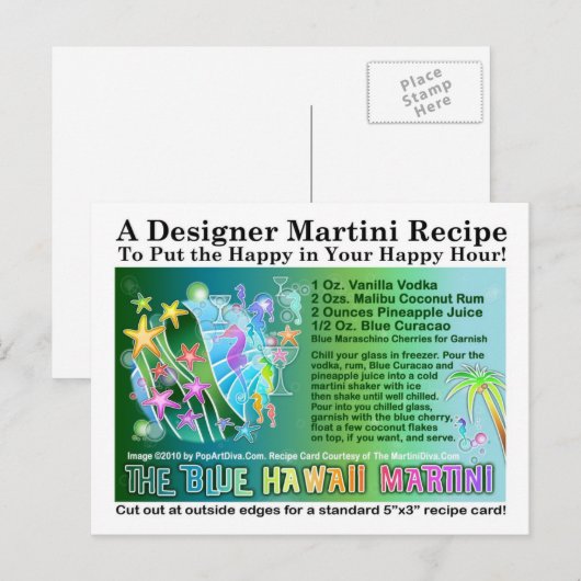 Blue Hawaii Tropical Martini Recept Kaart Briefkaa (Voorkant / Achterkant)