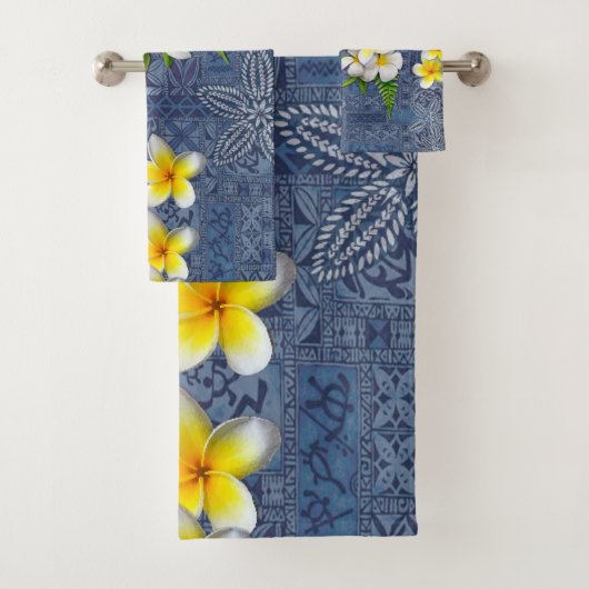 Blue Hawaiian Tapa en Plumeria Towel Set Bad Handdoek (Insitu)