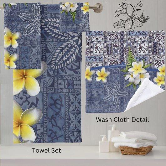 Blue Hawaiian Tapa en Plumeria Towel Set Bad Handdoek