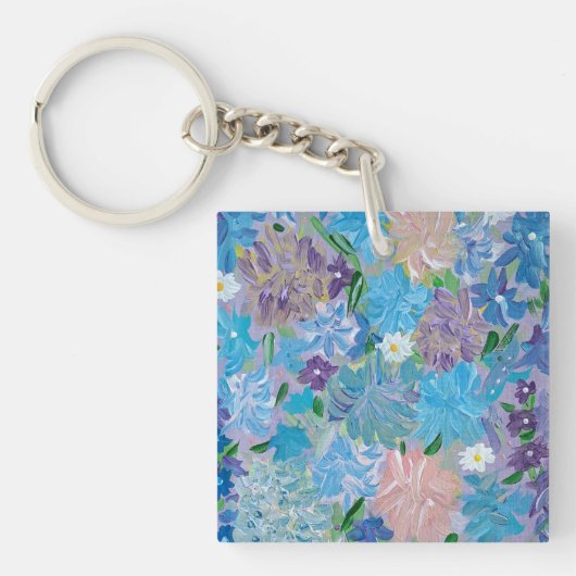 Blue Haze Bloemen Acryl Vierkant Sleutelhanger (Voorkant)
