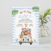 Blue He is Two Wild Safari Animals Birthday Party Kaart (Staand voorkant)