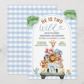 Blue He is Two Wild Safari Animals Birthday Party Kaart (Voorkant / Achterkant)