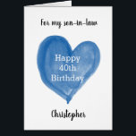 Blue Heart 40th Birthday Son-in-law<br><div class="desc">Een gepersonaliseerde 40ste verjaardagskaart voor schoonzoon met een waterverf blauw hart, dat "Happy 40th Birthday" zegt. Het binnenkaartbericht leest een zoet gevoel dat gemakkelijk kan worden bewerkt. De achterkant van deze gepersonaliseerde 40e verjaardagskaart voor hem kenmerkt het zelfde hart samen met het jaar, dat u gemakkelijk kunt uitgeven. Een unieke...</div>