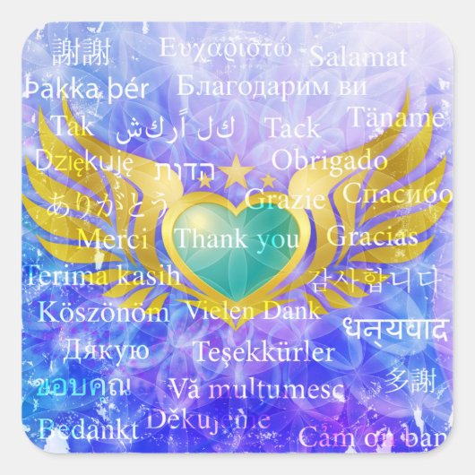 Blue Heart Angel Wings met DANK U 31 talen Vierkante Sticker (Voorkant)