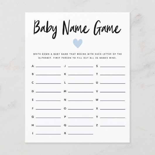 Blue Heart Baby Name Shower Game (Voorkant)