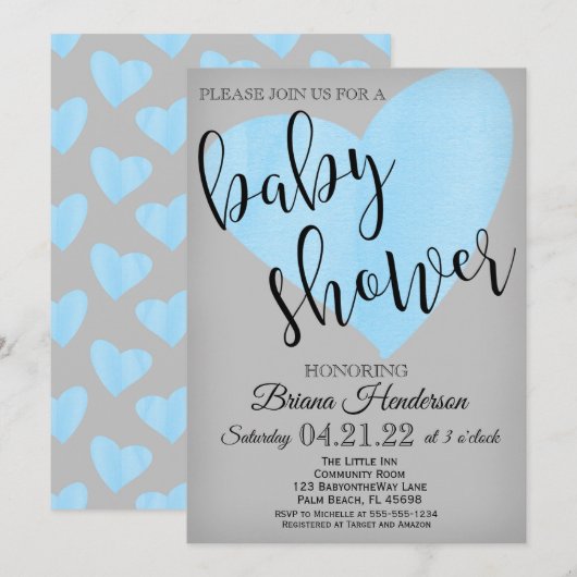 Blue Heart Baby shower Uitnodiging voor een Boy Sc (Voorkant / Achterkant)