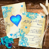 Blue Heart Baroque Gold Lace Mexican Wedding RSVP Kaartje
