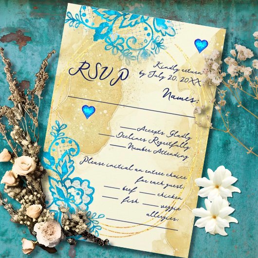 Blue Heart Baroque Gold Lace Mexican Wedding RSVP Kaartje