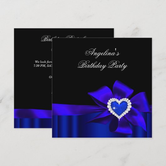 Blue Heart Black Birthday Party Bow Afbeelding Kaart (Voorkant / Achterkant)
