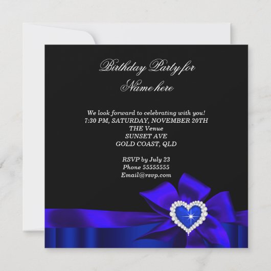 Blue Heart Black Birthday Party Bow Afbeelding Kaart (Achterkant)