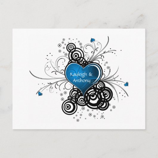 Blue Heart Black Swirls Bewaar de datum Aankondigingskaart (Voorkant)