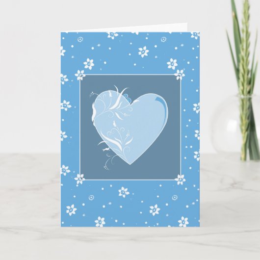 Blue Heart en Flowers Kaart (Voorkant)