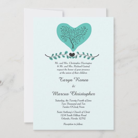 Blue Heart en Tree 5x7 Wedding Invitation Kaart (Voorkant)
