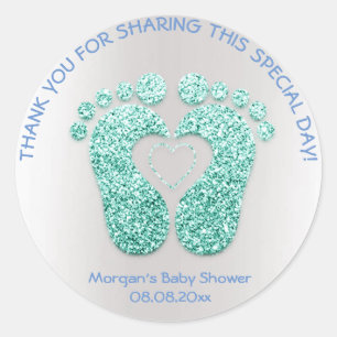 Blue Heart Feet Baby shower Favor Bedankt Mint Boy Ronde Sticker