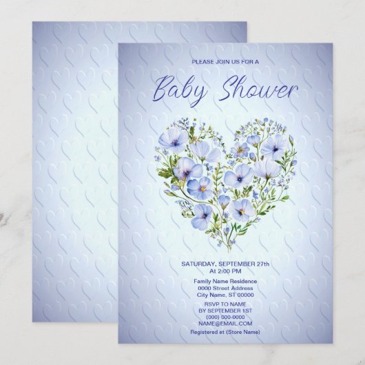 Blue Heart Floral Baby shower Uitnodiging (Voorkant / Achterkant)