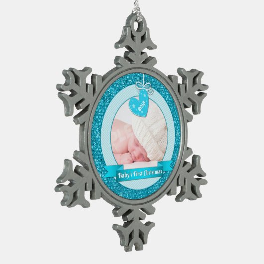 Blue Heart Foto Baby's Eerste Kerstmis (Kerstmis) Tin Sneeuwvlok Ornament (Links)