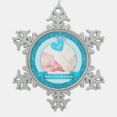 Blue Heart Foto Baby's Eerste Kerstmis (Kerstmis) Tin Sneeuwvlok Ornament (Voorkant)