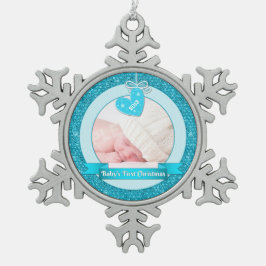 Blue Heart Foto Baby's Eerste Kerstmis (Kerstmis) Tin Sneeuwvlok Ornament