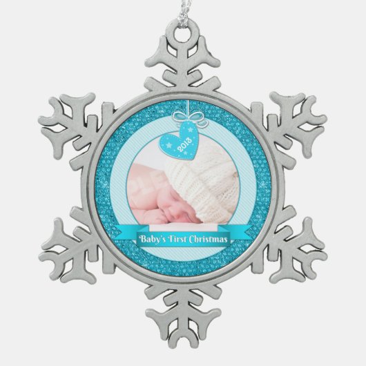 Blue Heart Foto Baby's Eerste Kerstmis (Kerstmis) Tin Sneeuwvlok Ornament (Voorkant)