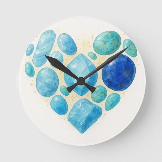 Blue Heart Gemstone Wall Clock – Elegant Spiritual Ronde Klok (Voorkant)