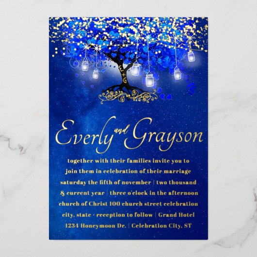 Blue Heart Leaf Tree Gold Wedding Folie Uitnodiging (Voorkant)