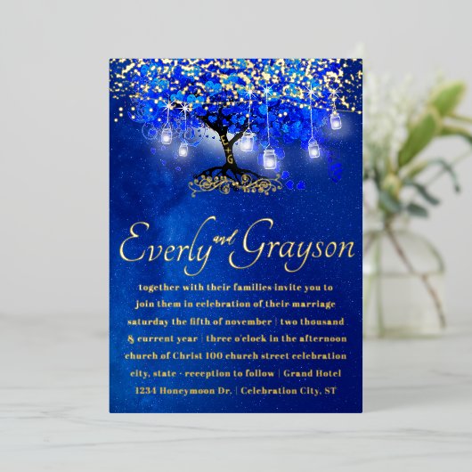 Blue Heart Leaf Tree Gold Wedding Folie Uitnodiging (Staand Voorkant)