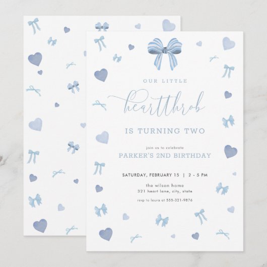 Blue Heart Little Heartthrob verjaardagsuitnodigin Kaart (Voorkant / Achterkant)