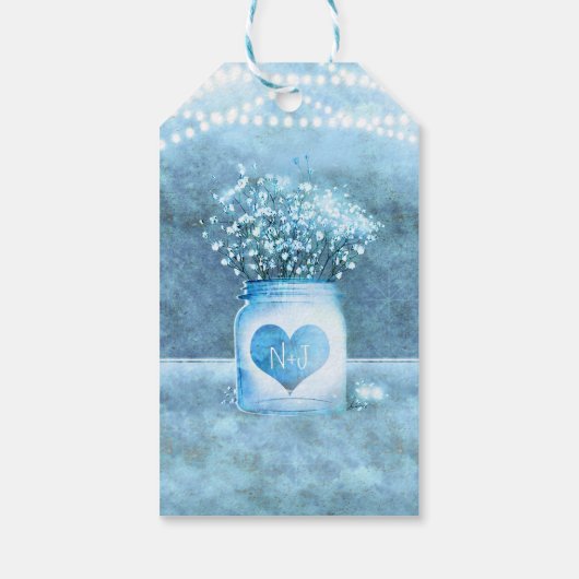 Blue Heart Mason Jar & Baby's Breath Rustic Cadeaulabel (Achterkant)