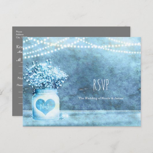 Blue Heart Mason Jar & Baby's Breath Wedding RSVP Uitnodiging Briefkaart (Voorkant / Achterkant)