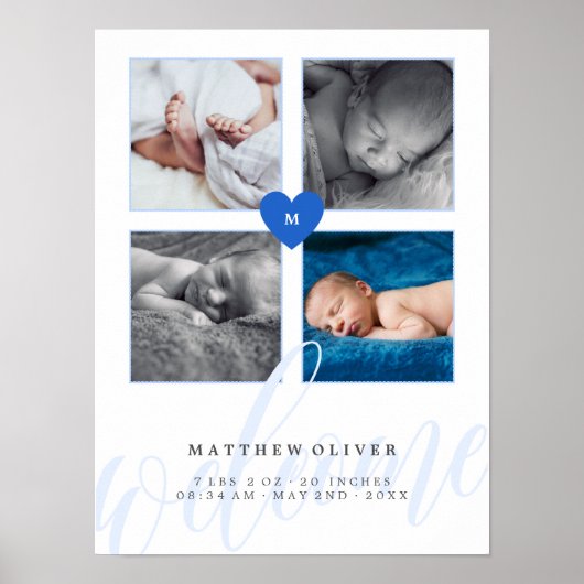 Blue Heart Monogram Baby Foto Collage Poster (Voorkant)