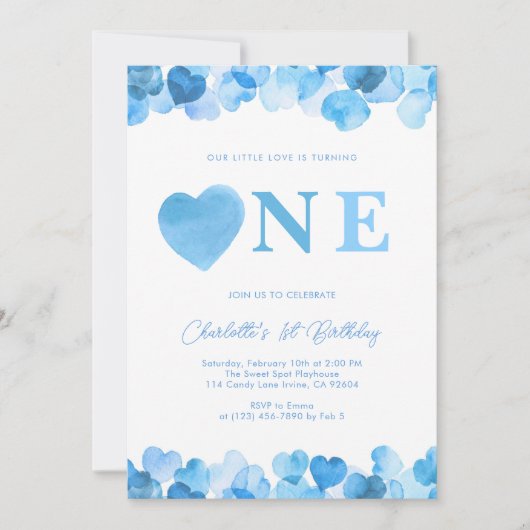 Blue Heart One First Birthday Valentines Kaart (Voorkant)