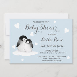 Blue Heart Penguin Baby Shower Invitations