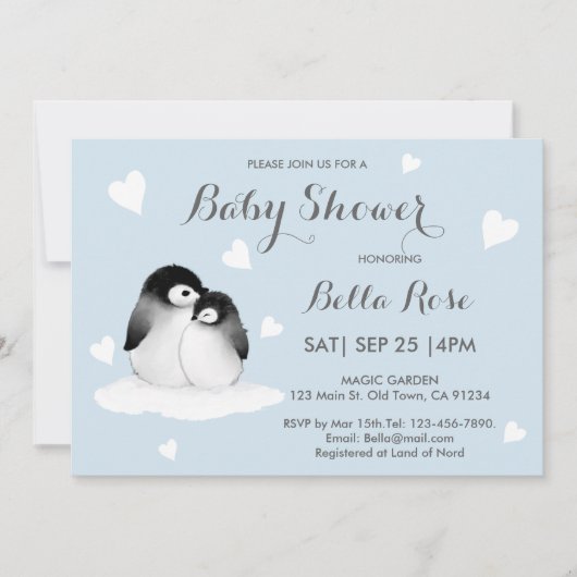 Blue Heart Penguin Baby Shower Invitations (Voorkant)