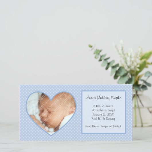 Blue Heart Stippen Nieuwe Baby Fotokaart Aankondiging (Staand voorkant)