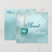 Blue Heart Sweet Sixteen Verjaardag Uitnodiging (Voorkant / Achterkant)